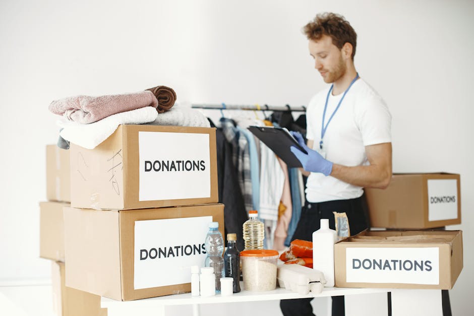 Community volunteer organizing supplies